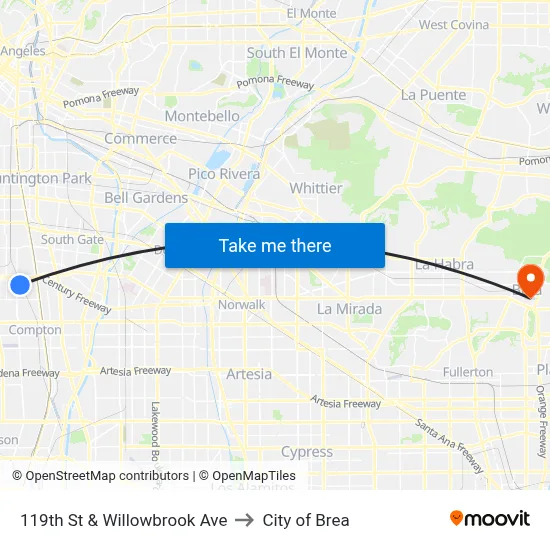 119th St & Willowbrook Ave to City of Brea map
