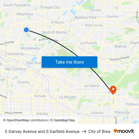 E Garvey Avenue and S Garfield Avenue to City of Brea map