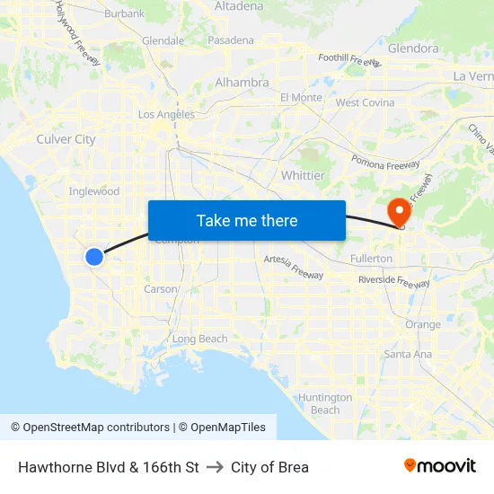 Hawthorne Blvd & 166th St to City of Brea map