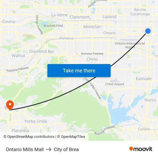Ontario Mills Mall to City of Brea map