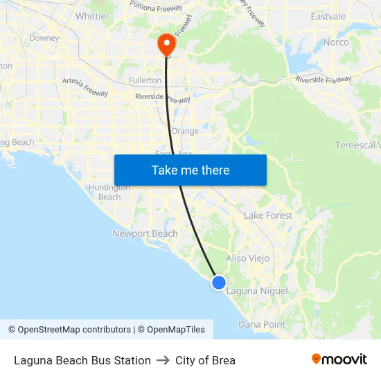 Laguna Beach Bus Station to City of Brea map