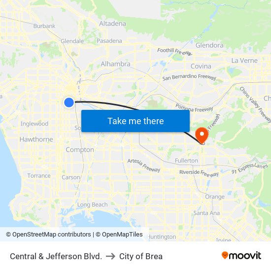 Central & Jefferson Blvd. to City of Brea map