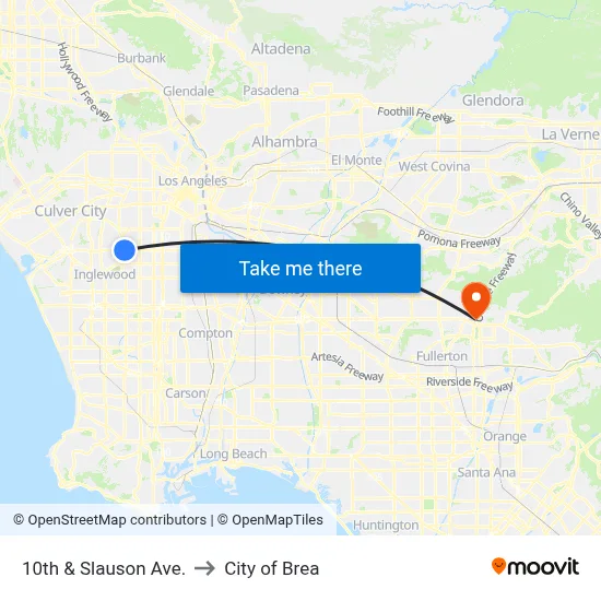 10th & Slauson Ave. to City of Brea map