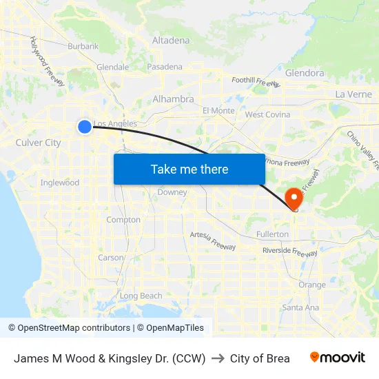 James M Wood & Kingsley Dr. (CCW) to City of Brea map