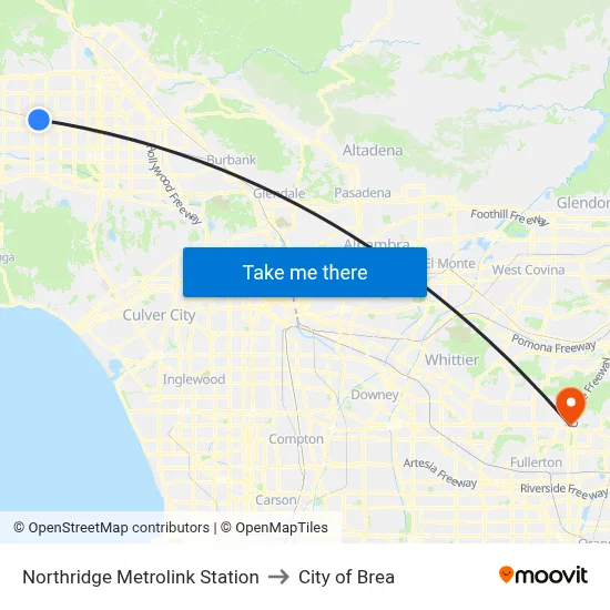 Northridge Metrolink Station to City of Brea map