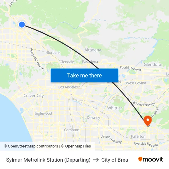 Sylmar Metrolink Station (Departing) to City of Brea map
