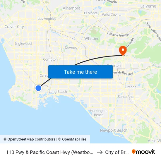 110 Fwy & Pacific Coast Hwy (Westbound) to City of Brea map