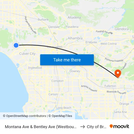 Montana Ave & Bentley Ave (Westbound) to City of Brea map