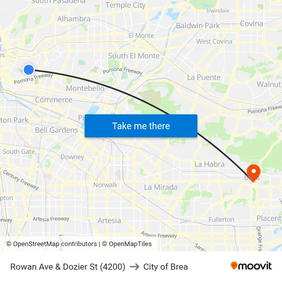 Rowan Ave & Dozier St (4200) to City of Brea map