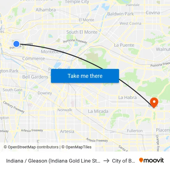 Indiana / Gleason (Indiana Gold Line Station) to City of Brea map