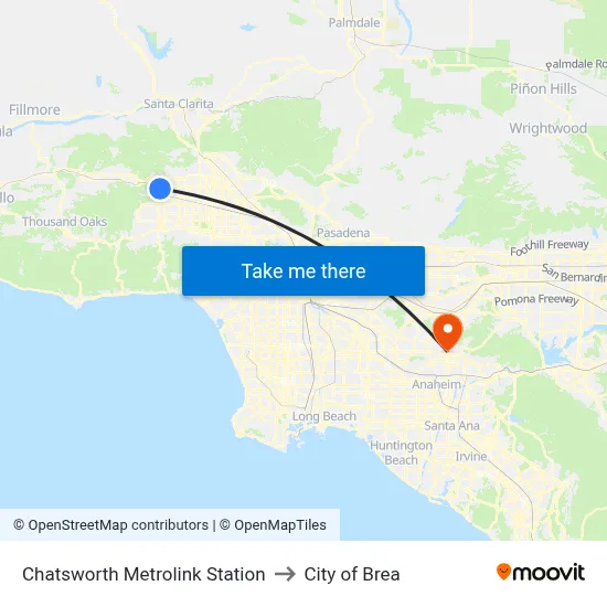 Chatsworth Metrolink Station to City of Brea map