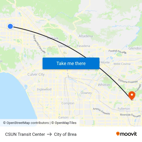 CSUN Transit Center to City of Brea map