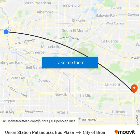Union Station Patsaouras Bus Plaza to City of Brea map