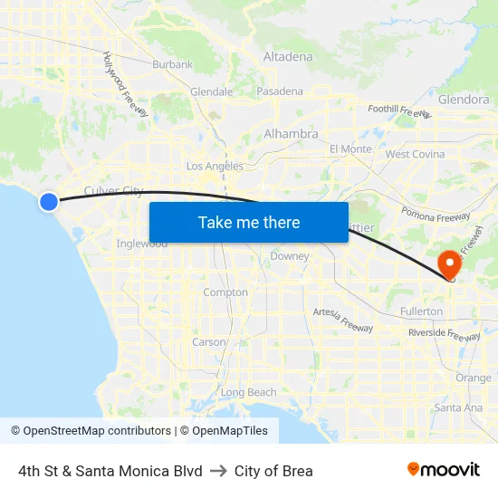 4th St & Santa Monica Blvd to City of Brea map