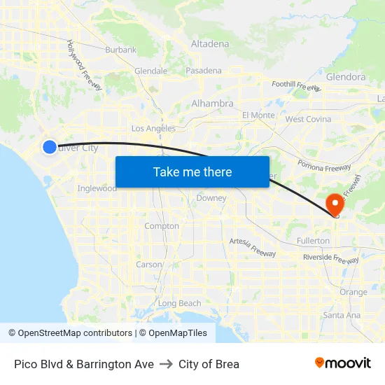 Pico Blvd & Barrington Ave to City of Brea map