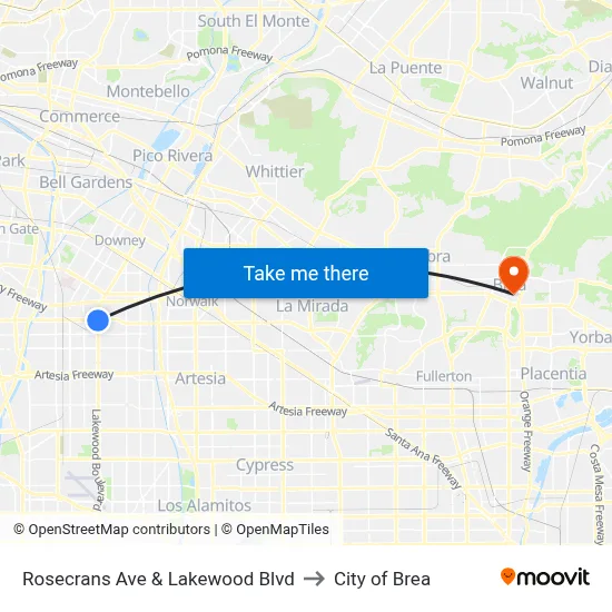 Rosecrans Ave & Lakewood Blvd to City of Brea map