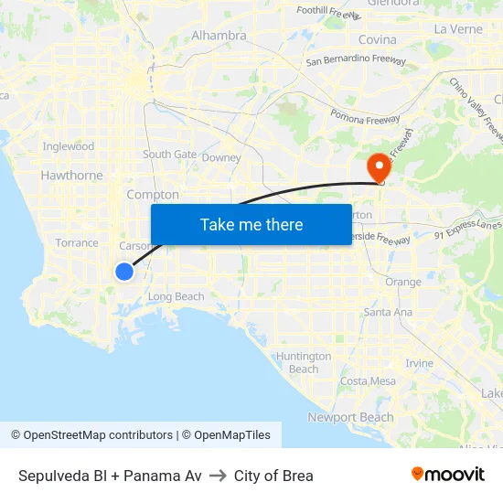 Sepulveda Bl + Panama Av to City of Brea map
