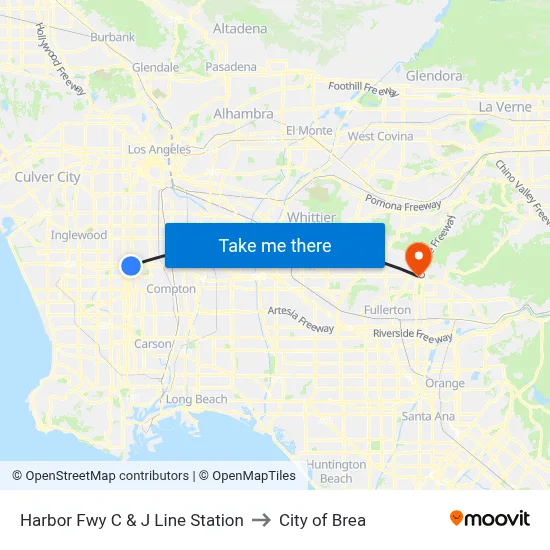Harbor Fwy C & J Line Station to City of Brea map
