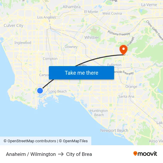 Anaheim / Wilmington to City of Brea map