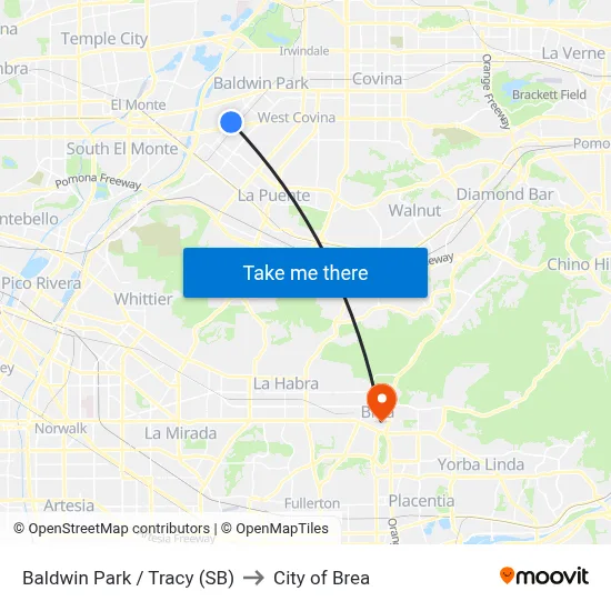 Baldwin Park / Tracy (SB) to City of Brea map