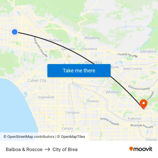 Balboa & Roscoe to City of Brea map