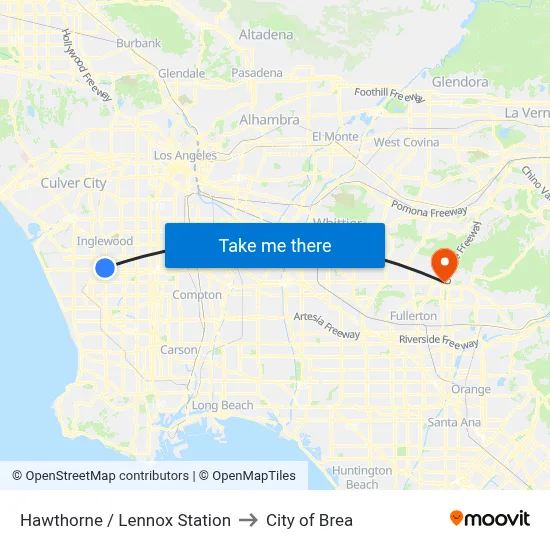 Hawthorne / Lennox Station to City of Brea map