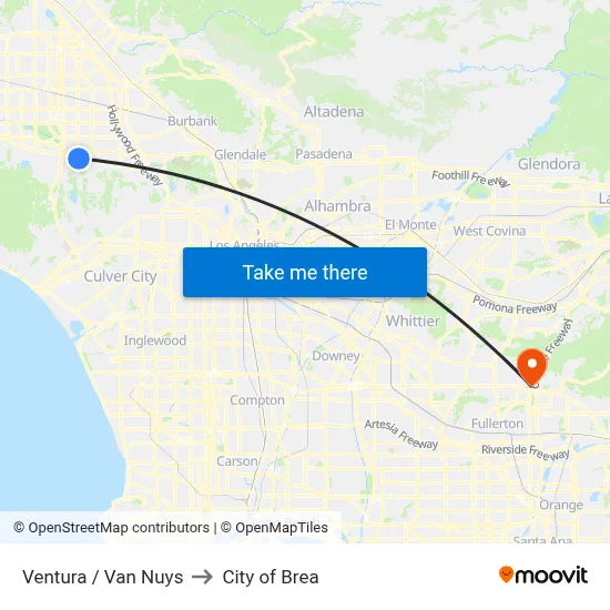 Ventura / Van Nuys to City of Brea map