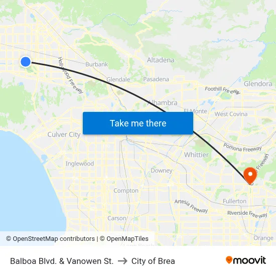 Balboa Blvd. & Vanowen St. to City of Brea map