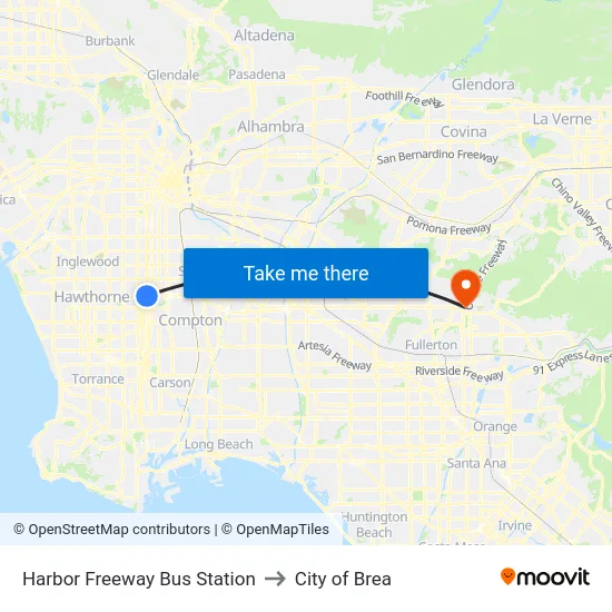Harbor Freeway Bus Station to City of Brea map