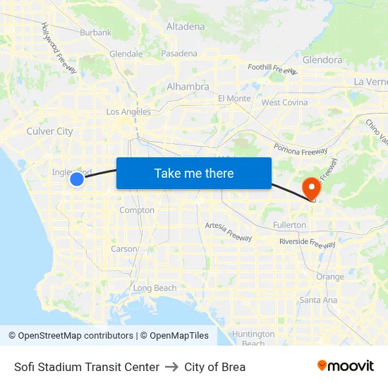 Sofi Stadium Transit Center to City of Brea map