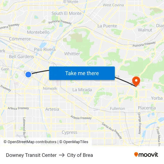 Downey Transit Center to City of Brea map