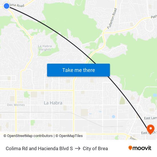 Colima Rd and Hacienda Blvd S to City of Brea map