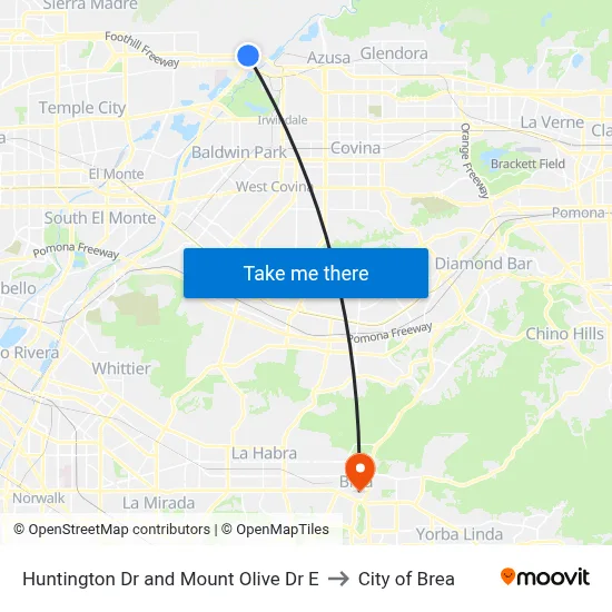Huntington Dr and Mount Olive Dr E to City of Brea map