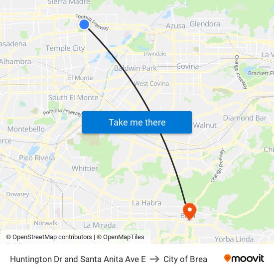 Huntington Dr and Santa Anita Ave E to City of Brea map