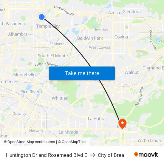 Huntington Dr and Rosemead Blvd E to City of Brea map