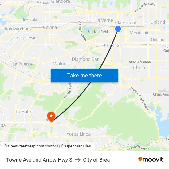 Towne Ave and Arrow Hwy S to City of Brea map