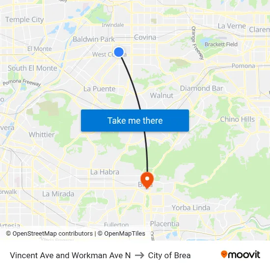 Vincent Ave and Workman Ave N to City of Brea map