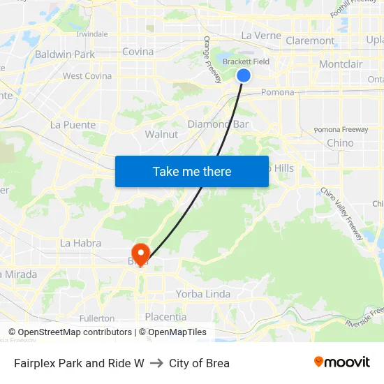 Fairplex Park and Ride W to City of Brea map