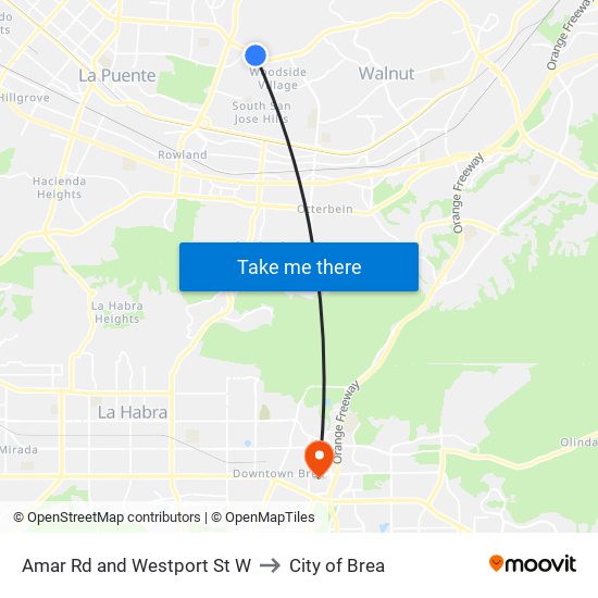 Amar Rd and Westport St W to City of Brea map