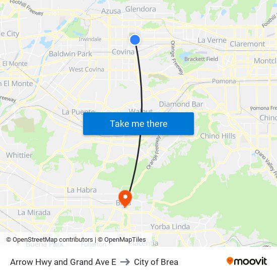 Arrow Hwy and Grand Ave E to City of Brea map