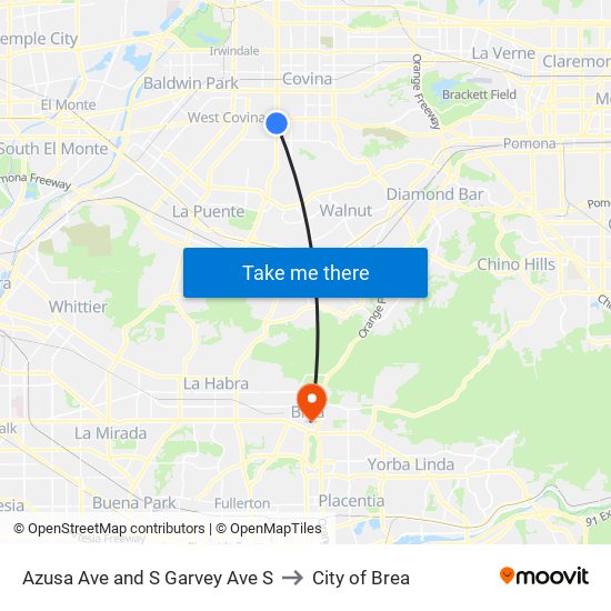 Azusa Ave and S Garvey Ave S to City of Brea map