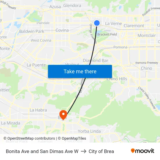 Bonita Ave and San Dimas Ave W to City of Brea map