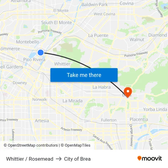 Whittier / Rosemead to City of Brea map
