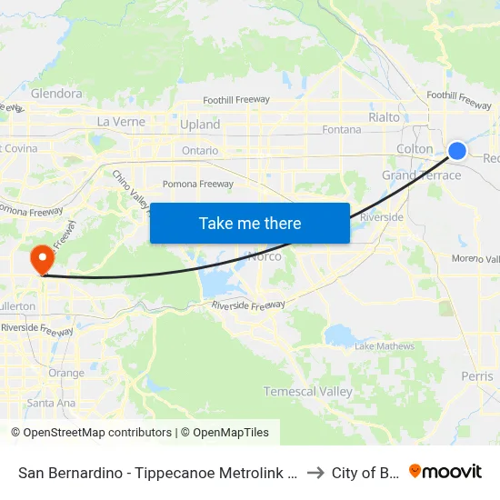 San Bernardino - Tippecanoe Metrolink Station to City of Brea map