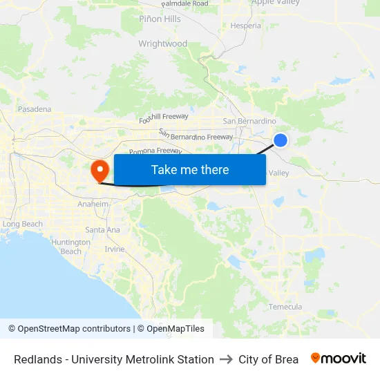 Redlands - University Metrolink Station to City of Brea map