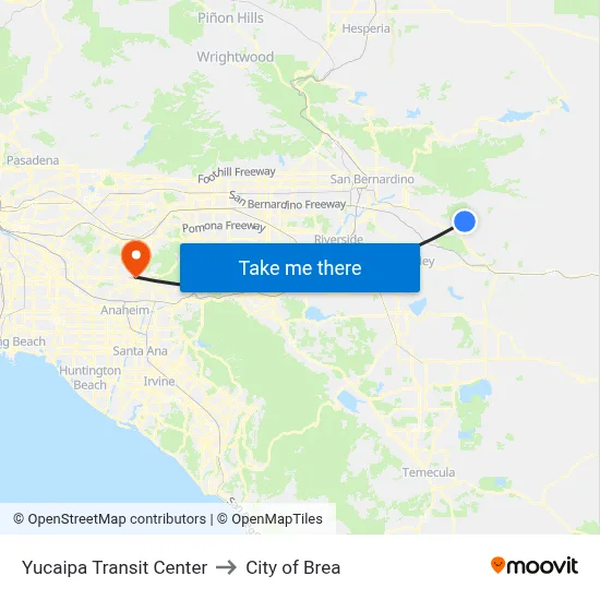 Yucaipa Transit Center to City of Brea map
