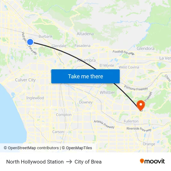 North Hollywood Station to City of Brea map