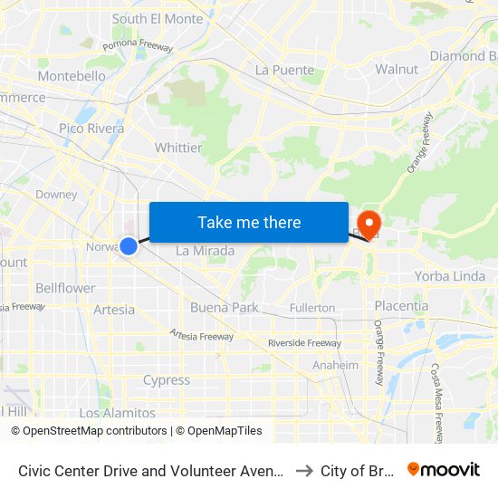 Civic Center Drive and Volunteer Avenue to City of Brea map