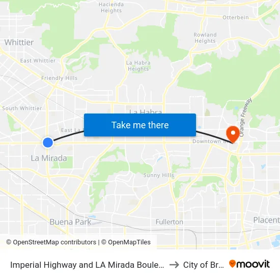 Imperial Highway and LA Mirada Boulevard to City of Brea map