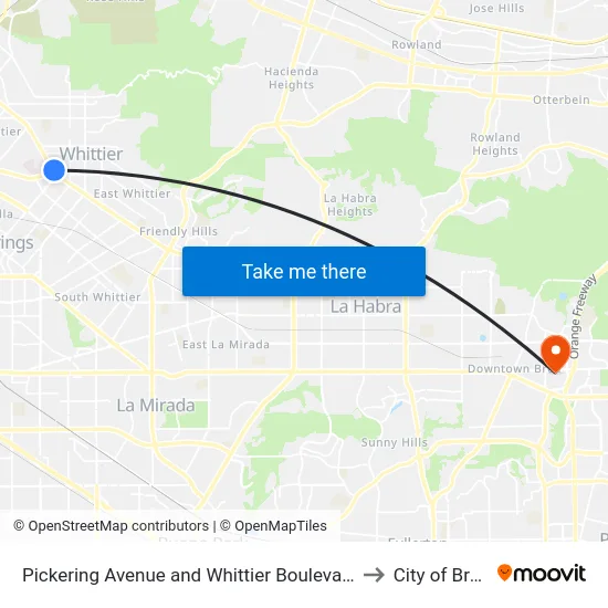 Pickering Avenue and Whittier Boulevard to City of Brea map
